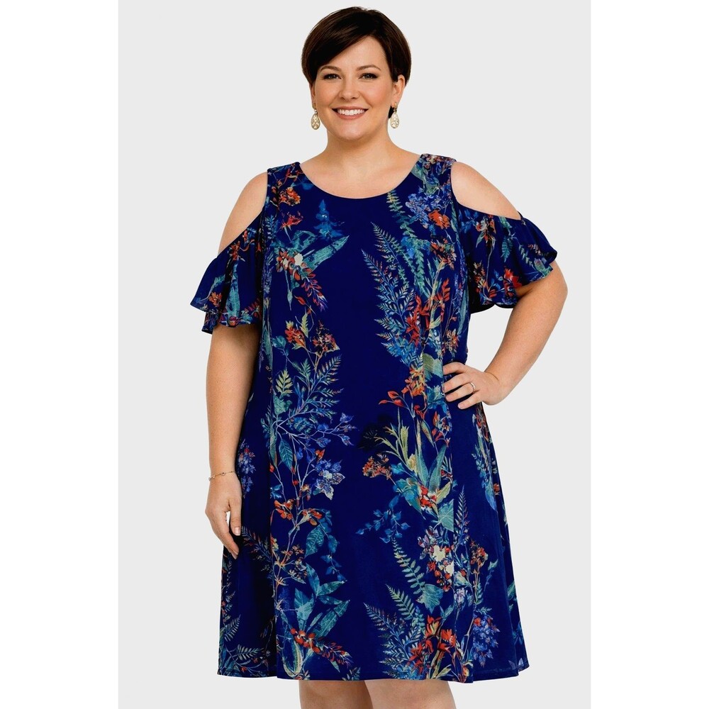 City Streets Women’s 22W Blue Floral Cold Shoulder Dress Plus Size Ruffle Sleeve
